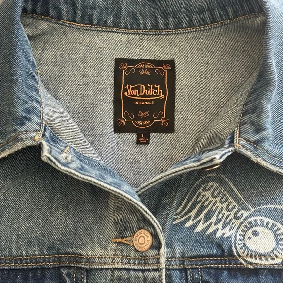 Von Dutch Denim Trucker Jacket Viral Button Up Patches Graphic Print Y2K Indie L - Picture 5 of 12